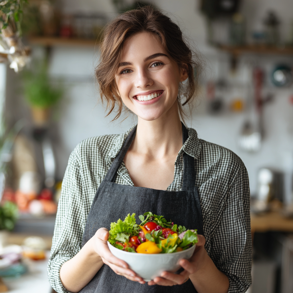 Professional European nutritionist woman in her 30s smiling warmly while holding fresh fruits and vegetables in modern office setting, realistic photography style